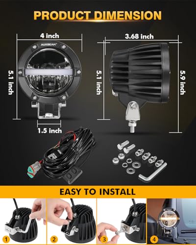 Image of Auxbeam 4In LED Offroad Lights 2PCS, 110W Round LED Pods Auxiliary Driving Light with Amber DRL Design, Super Bright Light Bar Round Fog Light Wiring Harness for Truck Pickup SUV ATV UTV 4x4