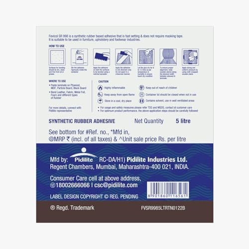 Image of Fevicol SR 998, 5 Litre | Best for Rubber, Fabric & Leather Furniture, Plywood, Lamination, Packaging, Crafts, DIY, Metal & Wood Bonding, Water & Heat Resistant, Fast Setting, Strong Durable Bond