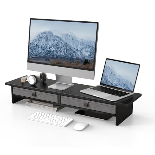 Fenge Supporto per Doppio Monitor con Cassetto 90 cm Organizzatore da Scrivania a 2 Strati per PC/Laptop/Stampante/TV L90 x L23,5 x H14,2 cm (Nero)