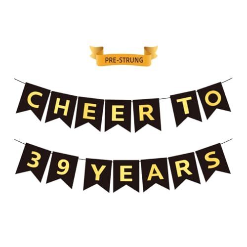JUTTIRA CHEERS TO 39 YEARS Banner, Pre-Strung, Black Gold 39th Birthday & Anniversary Party Decoration, 39 Years Old Banner, 7.9" Tall x 6.3" Wide with 16ft Ribbon