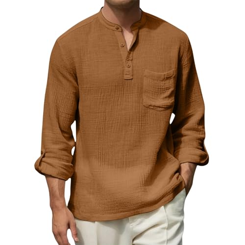 Camicia in lino, da uomo, a maniche lunghe, con bottoni,