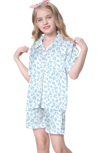 Image of Umeyda Women & Girls Pajamas Set, Soft Satin Lightweight Silk Button-Down Top with Shorts 2 Piece PJS for Mom Boys Kids Gifts