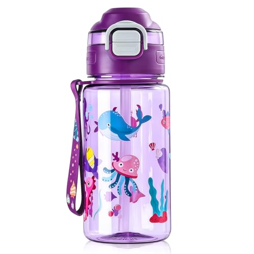 flintronic 18.6oz/550ml Botella de Agua Niños, Botella para Beber Pop-up, Botella de Agua Pajita para Infantil para Viajes Escolares Sin BPA, Sin Fugas, Reutilizable(Púrpura)