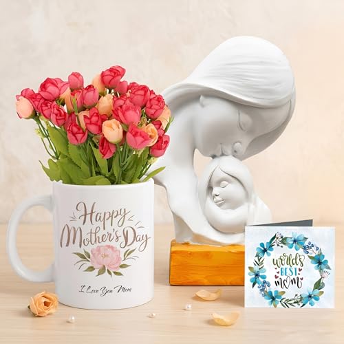Image of TIED RIBBONS Gift for Mom, Birthday Gift for Mom Women Wife Mother in Law Mummy (Mother with Child Statue, Artificial Flower Bunch, Ceramic Coffee Mug & Greeting Card) Set