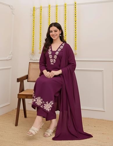 Image of ANNI Designer Pure Cotton Embroidered Kurta Set for Women | Rust Orange Kurta with Pants & Dupatta | Floral Neck & Hem Embroidery | Cotton Kurta Set for Women | 10 Colour Options Available