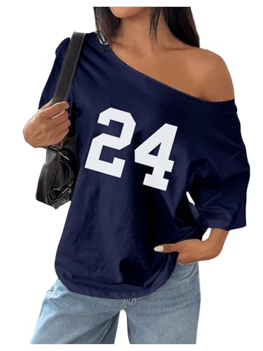 SOLY HUX Women's Off The Shoulder Tops Graphic Tees Jersey Shirts Number Print Baggy Oversized T Shirts