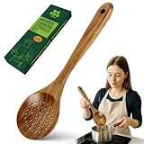 Bkiok Wooden Strainer Spoon for Cooking, Durable Wooden Slotted Spoons, Handmade Colander Spoons,Teak Wood Skimmer