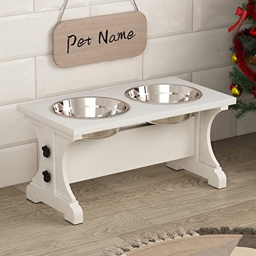 Piskyet Elevated Dog Bowls,Farmhouse Dog Bowls Stand, Raised Dog Bowl,Modern Wooden Dog Food Bowls for Small and Medium Dogs - White 3-4Cups 8.6" H_30 oz Bowl