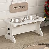 Piskyet Farmhouse Dog Bowls Stand, Elevated Dog Bowl with 2 Stainless Steel Wooden Bowls, 3.5Cups 8.6" H - 30 oz White