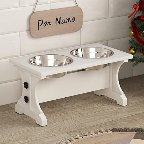 Piskyet Farmhouse Dog Bowls Stand, Elevated Dog Bowl with 2 Stainless Steel Wooden Bowls, 3.5Cups 8.6" H - 30 oz White