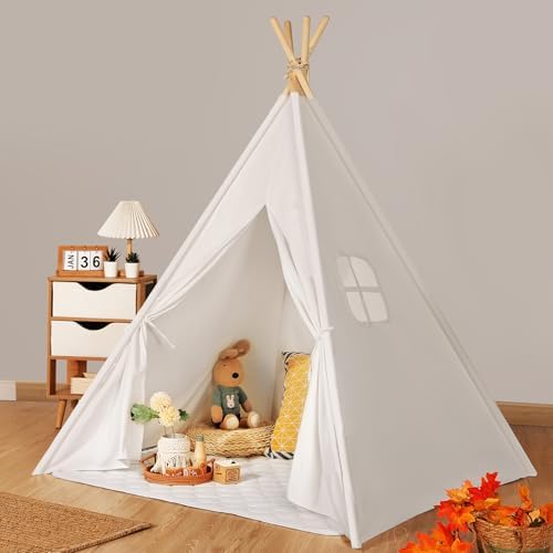 Wilwolfer Tipi Zelt für Kinder: Kinderzelt Indoor aus Baumwolle mit Bodenmatte, faltbares Spielzelt, Tippi Spielhaus für Mädchen und Jungen (Naturweiß)