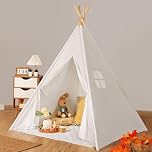 Wilwolfer Kids Teepee Tent Indoor: Toddler Tipi Play Tent Cotton Large with Storage Bag Colourful Flags and Window Foldable Off-White Playhouse Toys House for Grils Boys Birthday Gift
