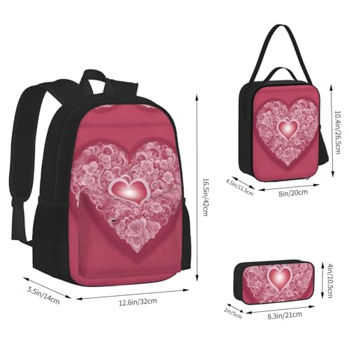 nanger Romantic Heart Print 3-Piece Set Backpack, Lunch Bag And Pencil Case, For Travel, College, And Daily Use4