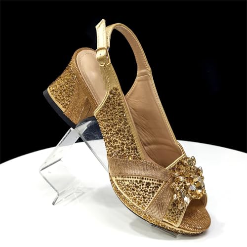 Women Gold Open Toe Heels and Handbag Set Diamonds Italian Style Shoes for Wedding Party Matching3