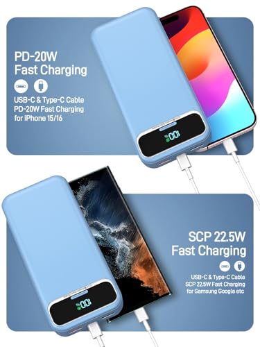 Image of Nusyddy Portable Charger 20000mAh 22.5W w /Built-in Cables & Wall Plug Blue | 22.5W Fast Charging, High Capacity, LED Display, Charge 5 Devices at once, TSA Approved, Compatible with iPhone /iPad /Samsung