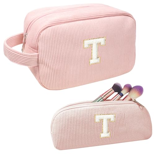 2PCS Travel Makeup Bag, Initial Cosmetic Bag Set Personalized Organizer Large Small Makeup Bag for Purse Monogram Cute Toiletry Bag Preppy Stuff Bag Graduation Gift for Her (Pink, T)