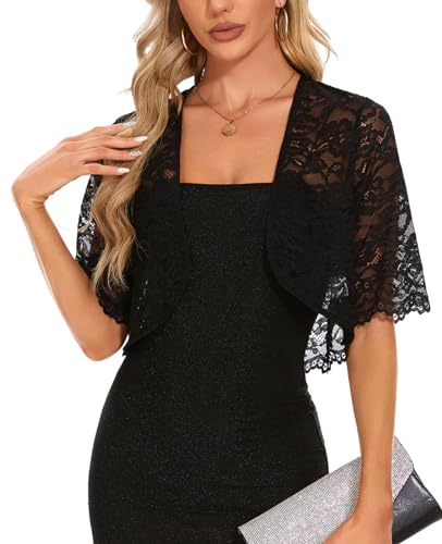 Image of MINTLIMIT Womens Floral Lace Bolero Half Sleeve Shrug Open Front Elegant Cropped Cardigan Shrugs for Evening Party Dresses