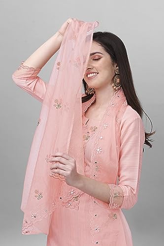Trendmalls Women's Cotton Embroidery Salwar Suit Set Kurta Pant with Dupatta (G103-PeachPink-6XL)