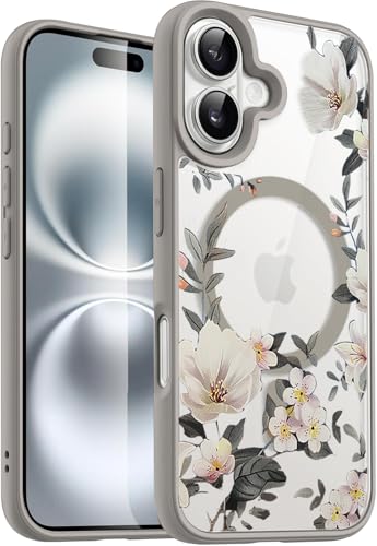 Image of VONZEE Compatible with iPhone 16 Case Luxury Retro Flowers Floral Clear for Magnetic Wireless Charging Case Shockproof Case PC+TPU Cute Glossy Shiny Cover for Girls Women, 6.1'' Grey