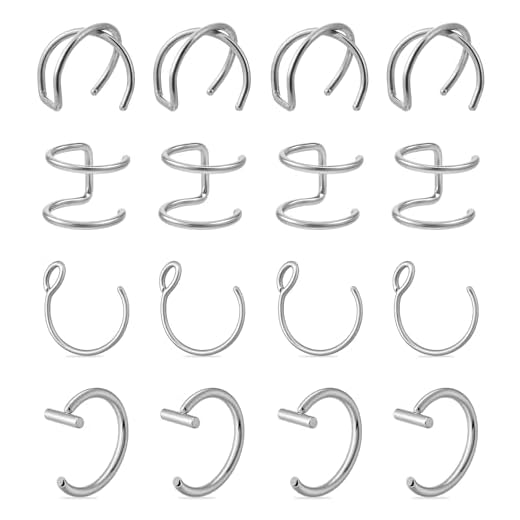 Psyqtsuary 16 Stück Fake Nasenpiercing, Edelstahl Fake Piercing 8mm Faux Lippenpiercing Ring Faux Nasen Piercings Gothic Septum Piercing für Männer Frauen (Silber)