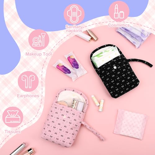Image of Bow Corduroy Sanitary Pad Pouch Soft Discreet Pad Bags for Period for Women Cute Nursing Pad Holder Menstrual Cup Tampon Pouch First Period Gift Feminine Bag (Pink)