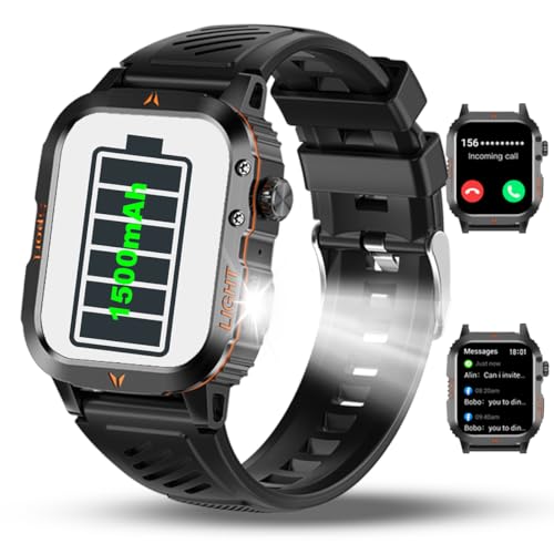 Military Smartwatch for Men, LED Flashlight Bluetooth Call IP68 Waterproof Heart Rate Blood Oxygen...