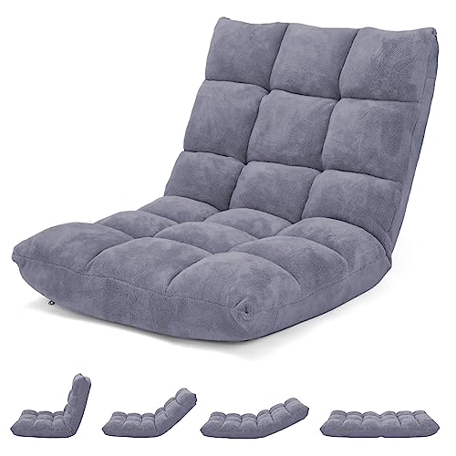 COSTWAY Bodenstuhl mit Verstellbarer Rückenlehne, Bodensessel gepolstert, Bodenkissen faltbar, Meditationsstuhl, Relaxsessel, Thaikissen für Freizeit, Meditation, Yoga (Grau)