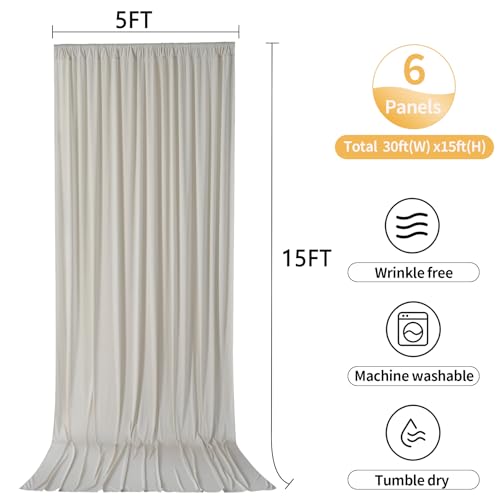 Image of 30ftx15ft Beige Backdrop Curtains for Parties, Wrinkle Free Polyester Beige Photo Backdrop Drapes 6 Panels 15 ft Long Back Drop Cloth for Wedding Birthday Photography Background Party
