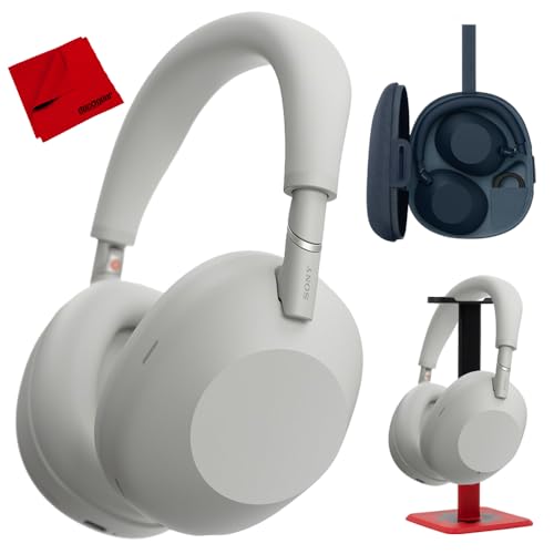 Image of Sony WH-1000XM6 Best Wireless Noise Canceling Headphones, Platinum Silver Bundle with Deco Gear Pro Audio Headphone Stand in Matte Black /Red