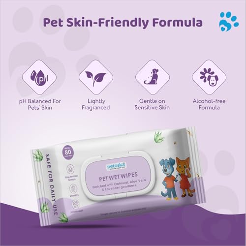 Image of Petoska Pet Wipes Pack of 2 for Dogs, Cats & All Pets - 80 Wipes | pH Balanced, Alcohol-Free, Gentle on Sensitive Skin | Enriched with Aloe Vera, Oatmeal & Lavender | Antimicrobial, No-Rinse Formula