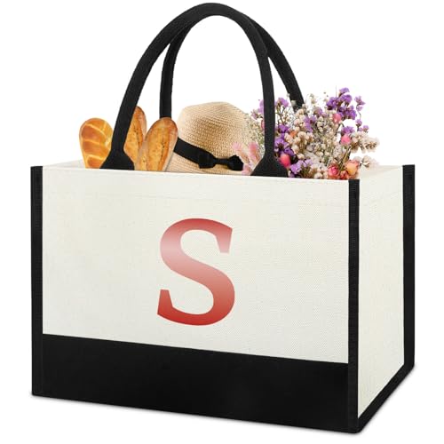 Image of Monogrammed Initial Canvas Tote Bag Gifts for Women Friends Coworker Mother in Law , Gifts for Women Who Have Everything, Beach Work Bag Gift for Birthday, Wedding, Christmas, Anniversary- Letter S