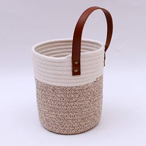Hanging Storage Baskets Set of 2 For Wall/Door/Garage/Cabinets/Closet Organizer 17 x 20 cm Small Cotton Rope Basket with Leather Handle Open Storage Bins Home Décor for Flower Plants