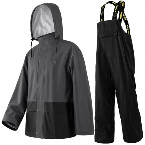 Image of Men's Workwear 3-Piece Waterproof PU Rain Suit Set | Hooded Jacket & Bib Pants, Sealed Seams, Storm Flap, Adjustable Suspenders, Flap Pockets, Outdoor Work, Fishing, Farming