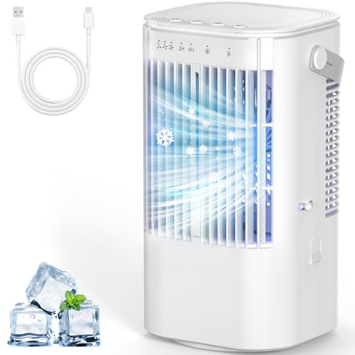 Portable Air Conditioner, 4 in 1 Mini Evaporative Air Conditioner Fan with 1000ml Water Tank, 3 Speeds and 7 LED Lights, Mini Personal AC with Timer for Bedroom, Desk, Home