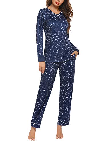 Ekouaer Pajamas Set Long Sleeve Sleepwear Womens Button Down Nightwear Soft Pj Lounge Sets (Navy Blue,XX-Large)
