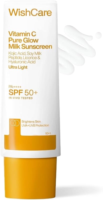 WishCare Protetor solar facial com Vitamina C Pure Glow Milk FPS 50 PA++++, sem fragrância, 50 g