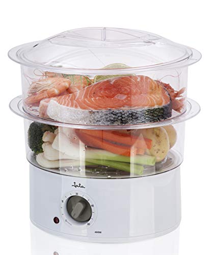 Jata CV5020 - Vaporera con 2 cestas apilables transparentes, un recipiente para arroz o salsas y rejilla para cocción de huevos. Depósito de 500ml. Temporizador de hasta 60 minutos. Cocina sana