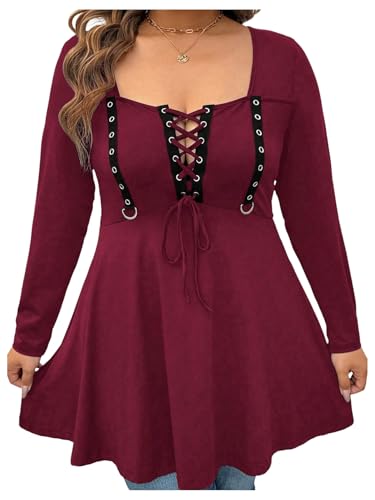 Image of SOLY HUX Women's Plus Size Peplum Tops Lace Up Square Neck Long Sleeve Ruffle Hem Tee Flowy Casual T Shirt
