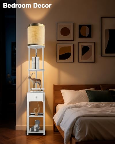 Image of Lightdot 65IN Floor Lamps with Storage Table&Drawer, Corner Shelf Lamps with White End Table and Fabric Shade, Modern Standing Tall Lamp for Living Room /Bedroom /Sofa Beside /Corner Decor(Bulb Included)