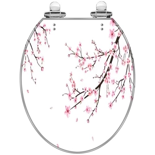 Round Toilet Seat white Watercolor cherry bud Cherry blossom flower blooming Resin Toilet Seat with Quietly Close Quick Release Hinges Decorative Toilet Seat with Cover Easy to Clean Install