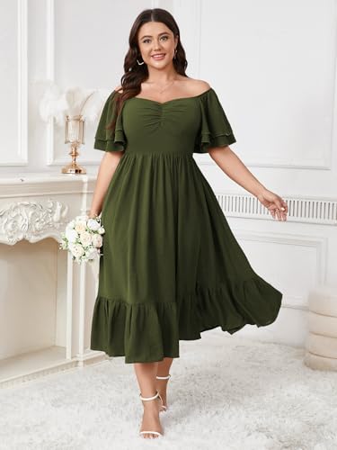 Image of SCOMCHIC Womens Plus Size Wedding Guest Cocktail Dresses Sweetheart Neckline Short Sleeve Smocked Ruffle Slit Maxi Dress
