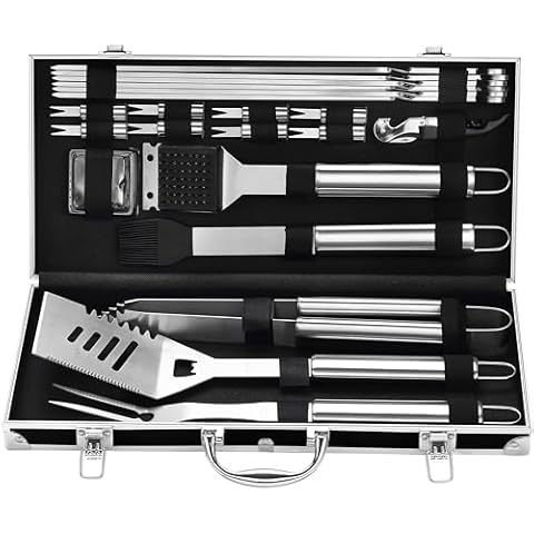 Grilljoy BBQ Accessories Grill Tools Set - 22PCS Stainless Stee Barbecue Grill Accessories for Outdoor Grill with Black Aluminum Case - Grilling Gifts for Men Dad -Grill Tools Kit Cover