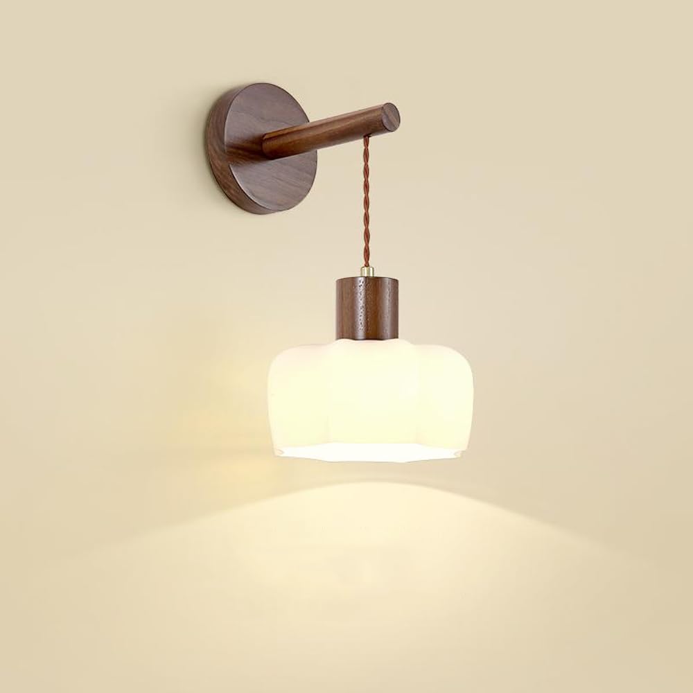 HUAYUSEDF Rustic Wood Farmhouse Wall Sconce Vintage Milk Glass Mounted Light Fixture Modern Mid Century Bedroom Hang Lighting Dome Hallway Lamp for Living Room Aisle Bedside Foyer(18CM*16CM)