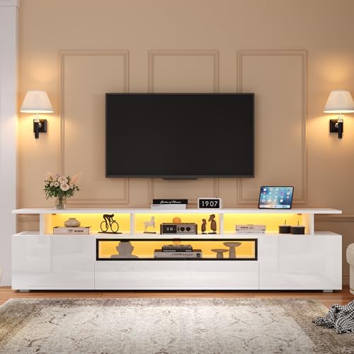 Yihomfy Meuble TV LED 180x38x45 cm - Meuble TV Blanc Laqué avec 2 Armoires, 1 Tiroir, LED, 10 Zones De Rangement, pour Téléviseur Jusqu'à 75 Pouces