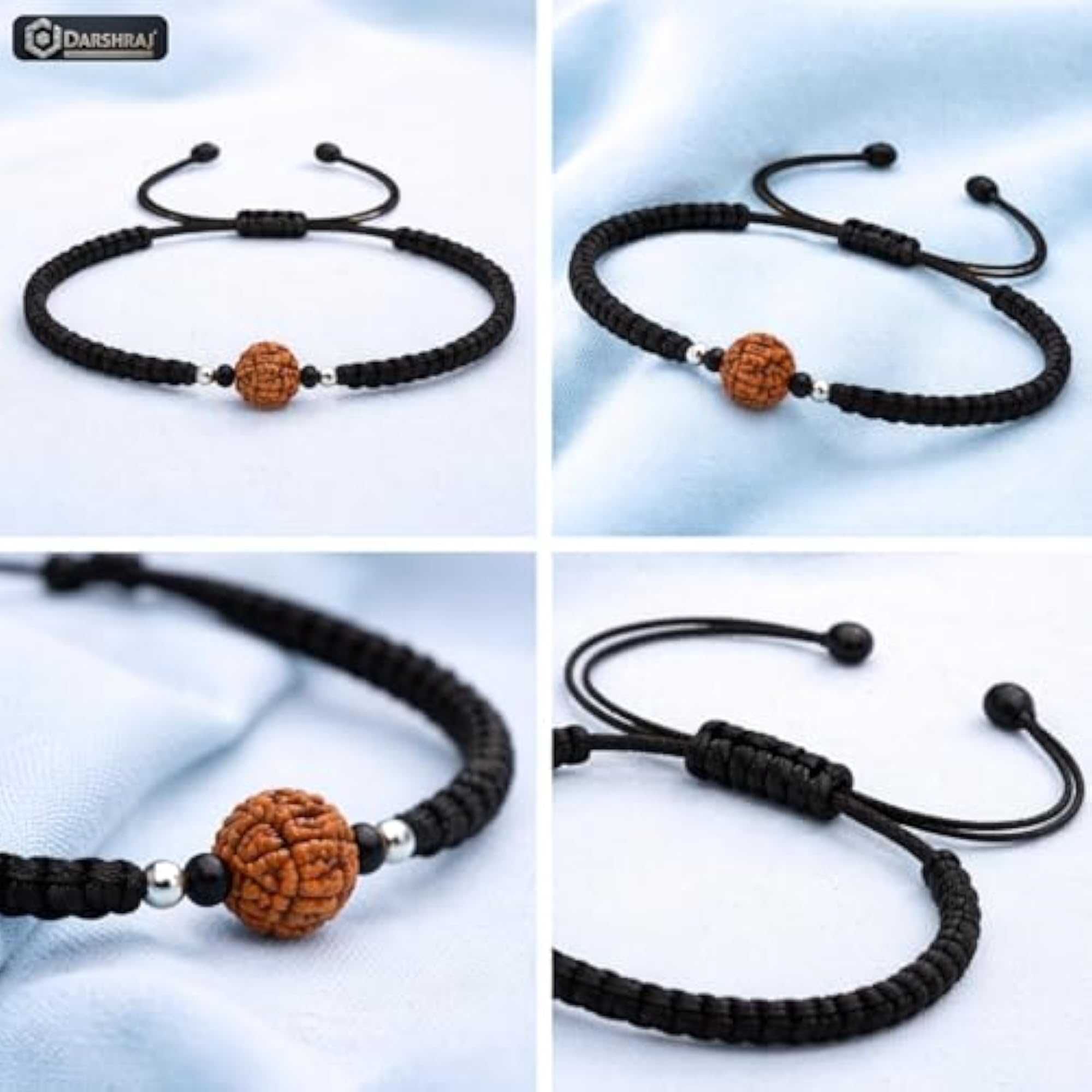 925 Sterling Silver Rudraksha Bracelet for Unisex, Adjustable