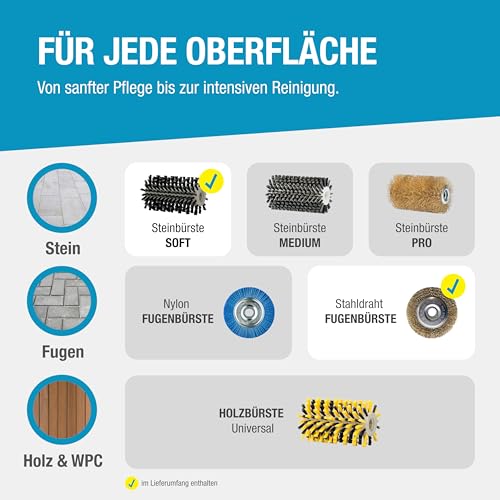 GLORIA MultiBrush speedcontrol PLUS I Elektrische Reinigungsbürste für Stein, Fugen, Holz, Kanten & Rasen | Für Terrasse, Wege & Garten | 11-in-1 Oberflächenbürste | Inkl. Fugenbürste & Steinreiniger