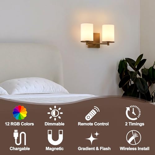 Image of Battery Operated Double Wall Sconce,Rechargeable Battery Powered Vanity Lights,Cordless No Wiring Dimmable Double Sconce with Remote Control for Bedroom Living Room