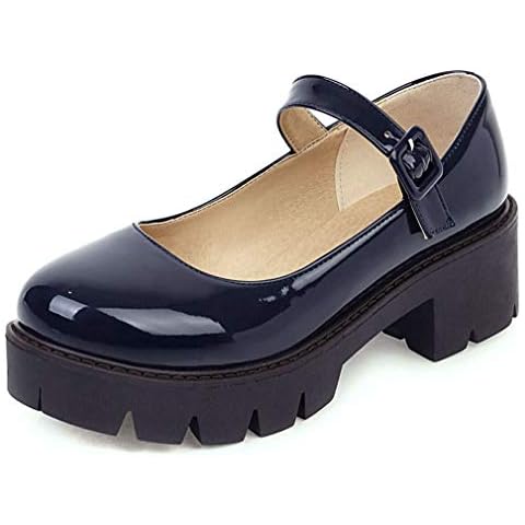 LIPIJIXI Mary Jane Platform Shoes for Women Wedges Lolita Shoes Gothic Shoes Chunky Heels Cosplay Shoes Round Toe Flatform Pump Patent Dark-Blue Size 41 Cover