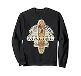 Grafica da surf vintage in stile retrò Malibu California con un look invecchiato ideale per turisti, turismo e locali..