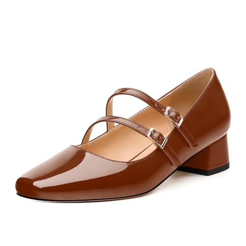 Womens Mary Jane Pumps, Square Toe Low Block Heel Pumps for Women, Leather Insloe Comfort Daily Two Straps Mary Janes 1.3